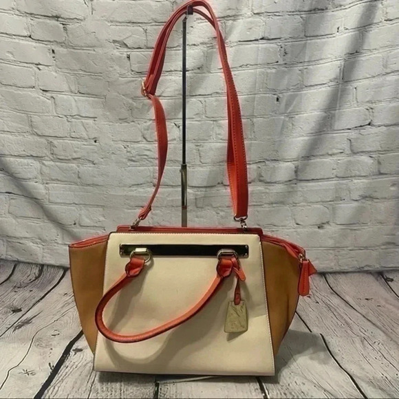 Aldo Color-block Satchel/Tote/Shoulder Bag Orange/Cream/Tan - Picture 1 of 12